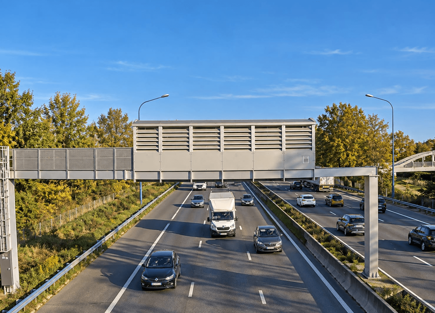 Multi-lane highway under a sensor gantry, showing traffic flows