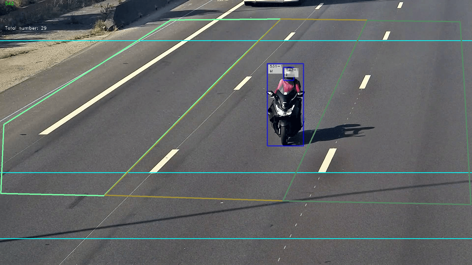 Counting+ detection on a roadway: tracked scooter, zones and counters overlaid on the video feed