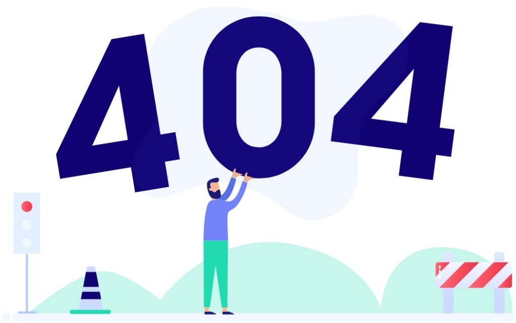 404 illustration: a character holding up the zero next to a red traffic light and a road barrier