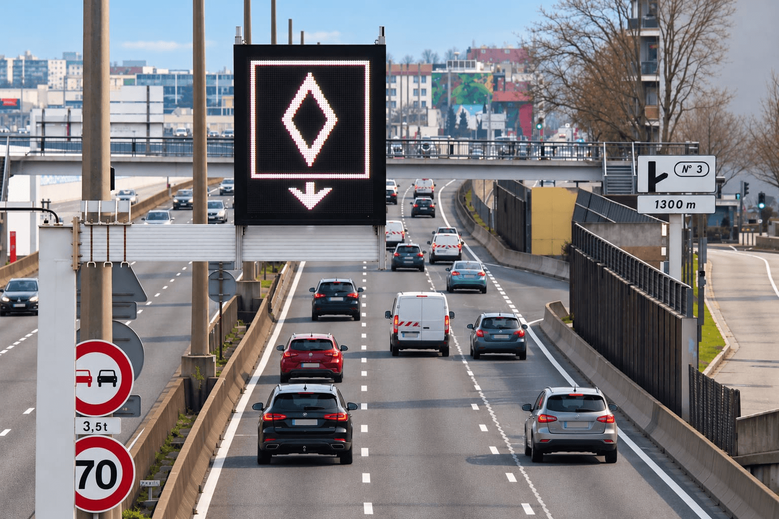 Urban highway with a carpool lane marked by an overhead illuminated sign above the roadway