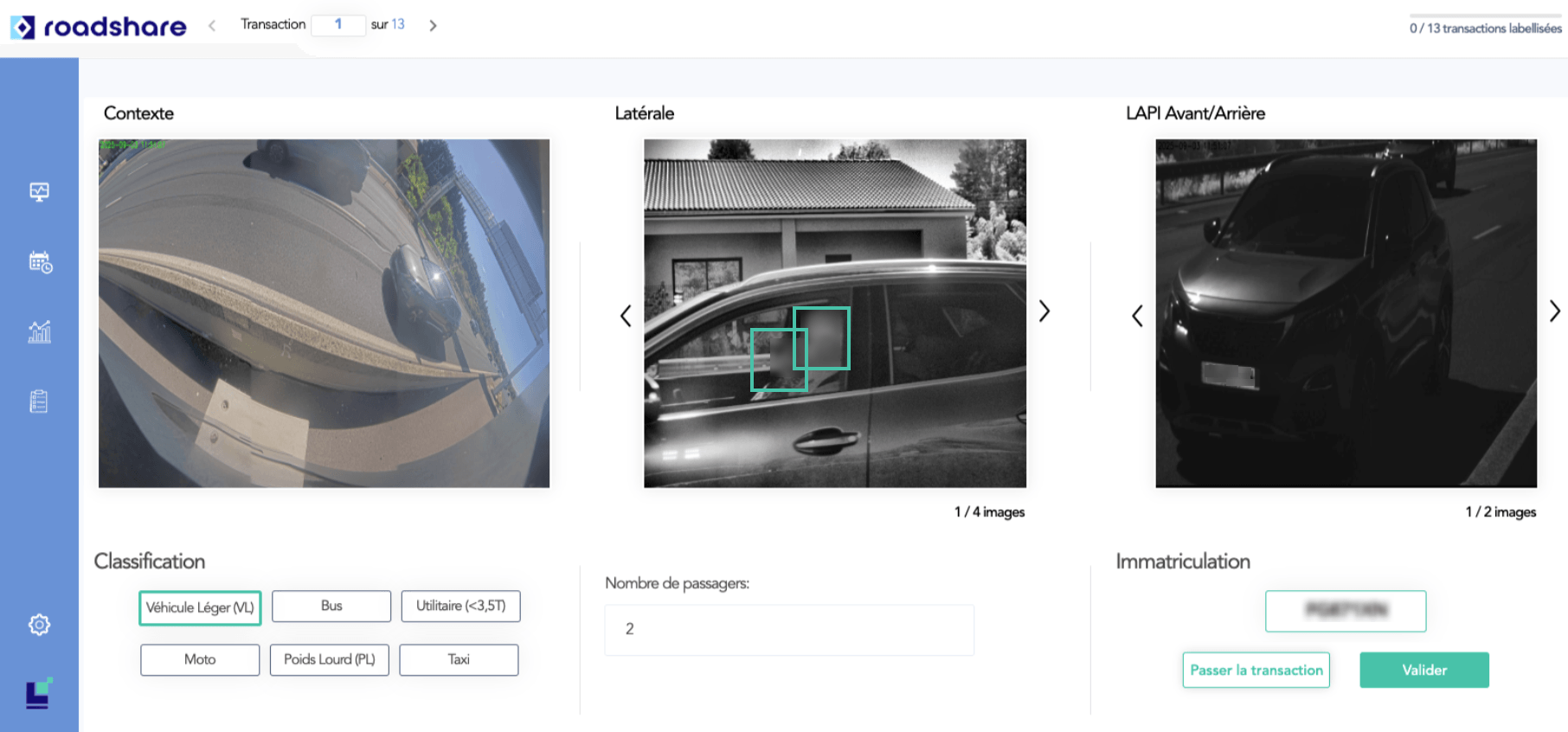 Roadshare transaction review interface: context, side and ALPR views, classification and passenger count