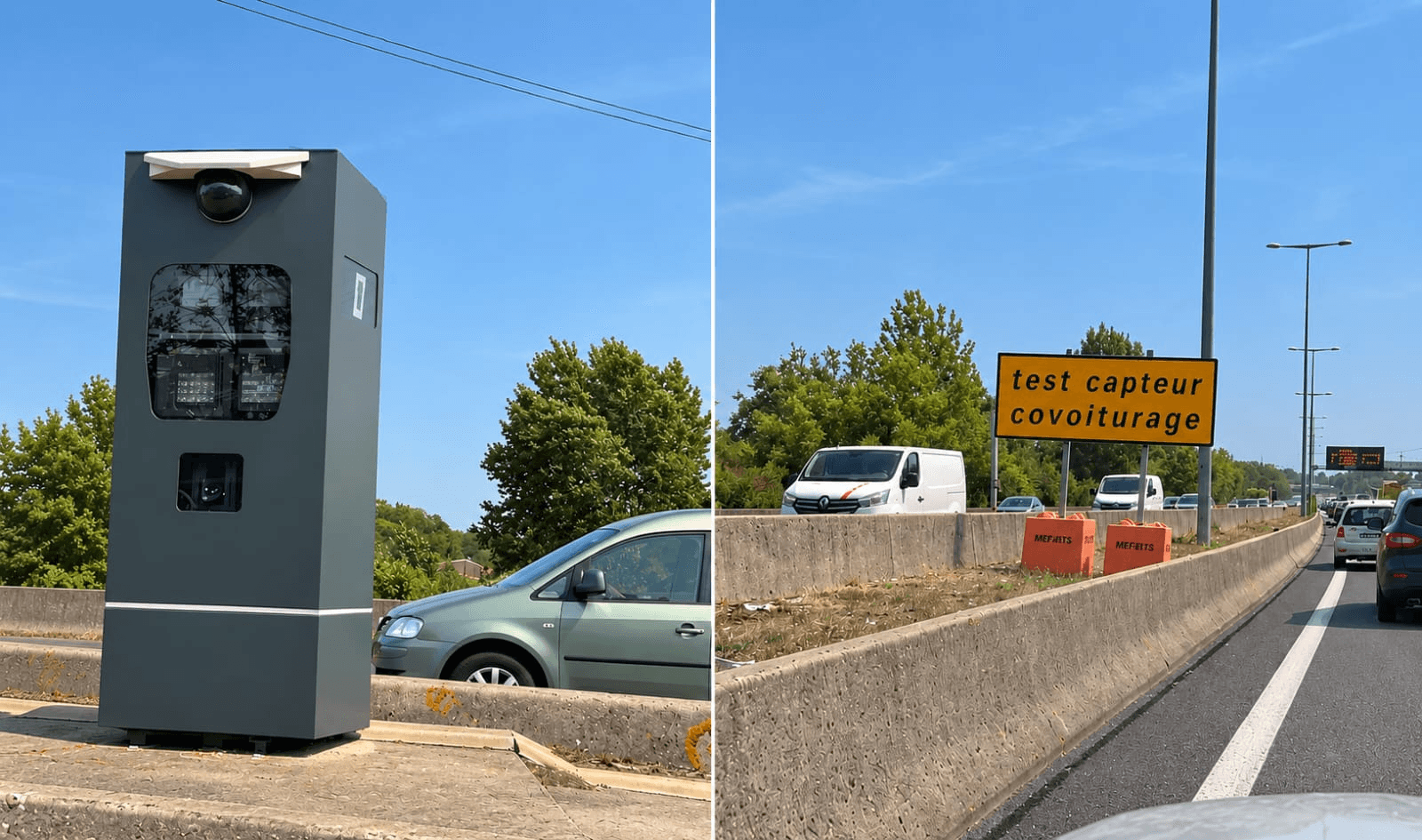 Roadshare roadside radar totem and highway view with carpool sensor test sign