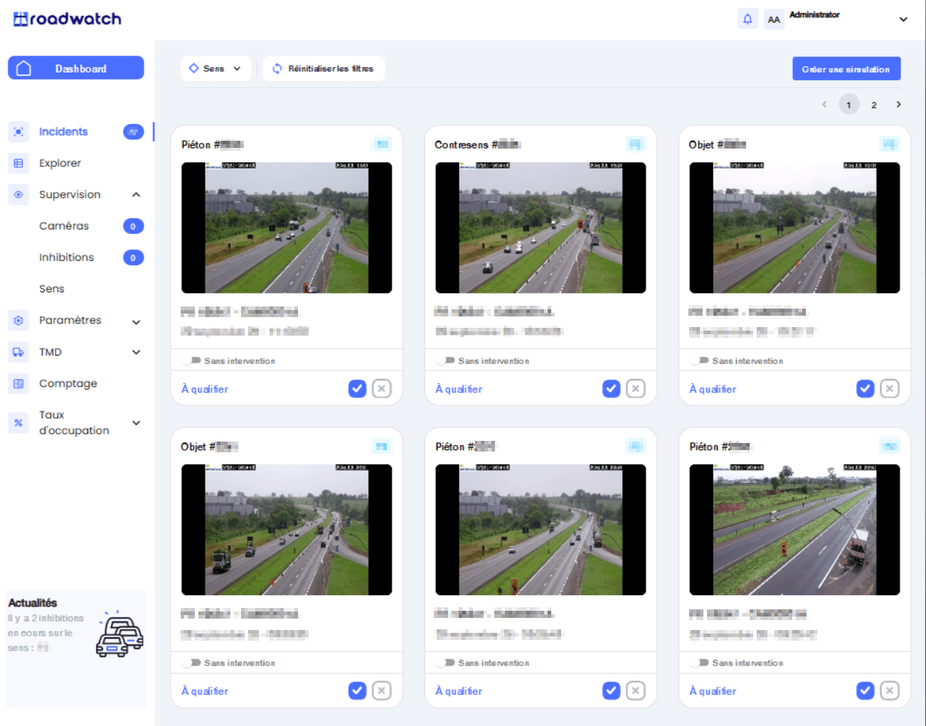 Roadwatch interface: grid of pedestrian, wrong-way and object incidents