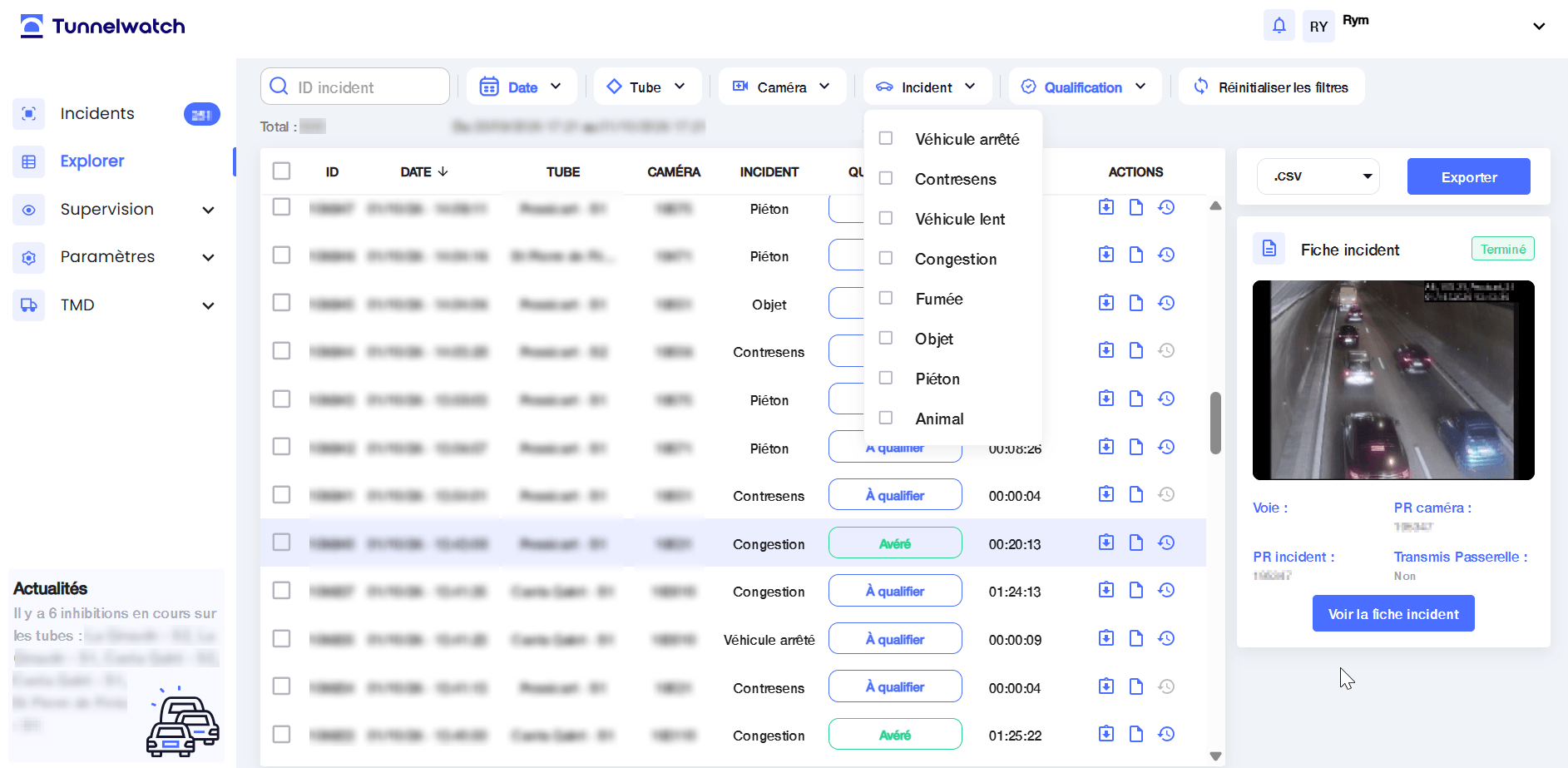 Tunnelwatch interface: incident list, filters and incident card